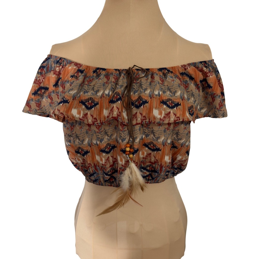 3377 | Boho Southwestern Ikat Off Shoulder Crop Top Orange Ruffle Festival M